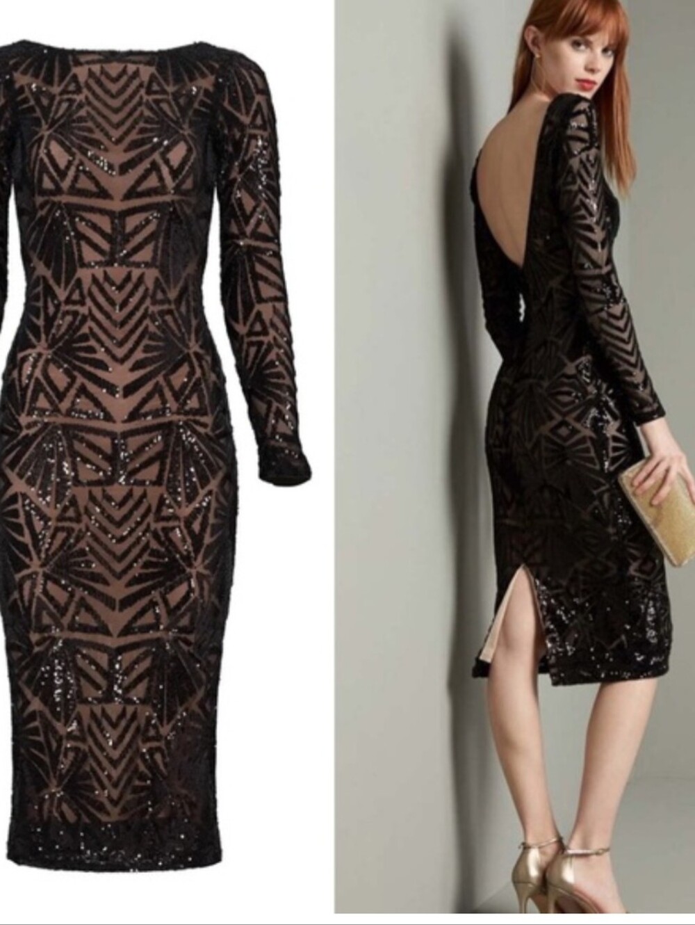 Dress the Population Art Deco Black Sequin Cocktail Party Dress NYE
